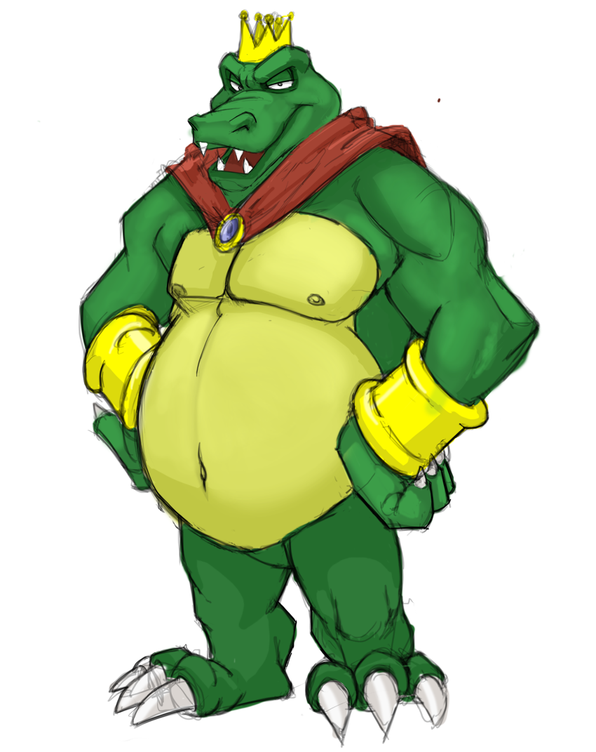 2012 anthro belly canson cape chubby_anthro chubby_male claws clothing crocodilian crown cuff_(restraint) donkey_kong_(series) fangs half-closed_eyes headgear king_k._rool kremling looking_at_viewer male mostly_nude narrowed_eyes nintendo nipples open_mouth reptile restraints scales scalie shackles slightly_chubby solo standing teeth toe_claws