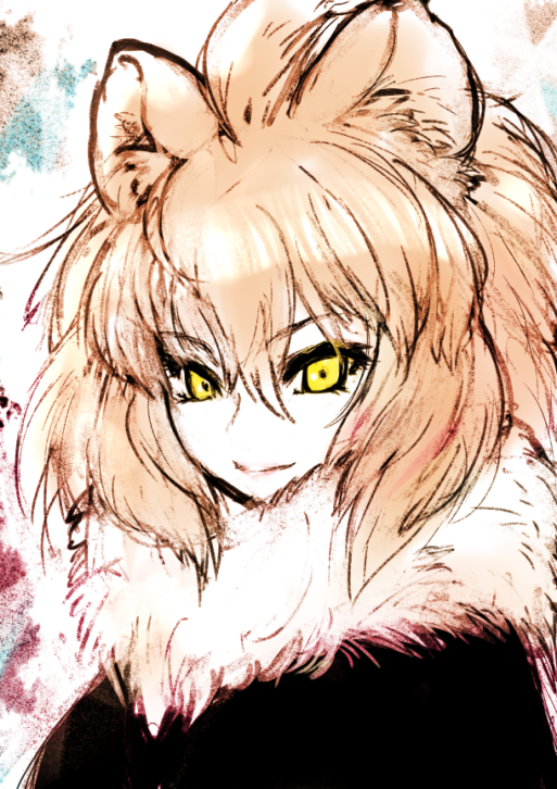 1girl animal_ears black_coat blonde_hair closed_mouth coat extra_ears ise_(0425) kemono_friends lion_(kemono_friends) lion_ears lion_girl lion_hair long_hair looking_at_viewer scarf simple_background smile solo white_scarf yellow_eyes