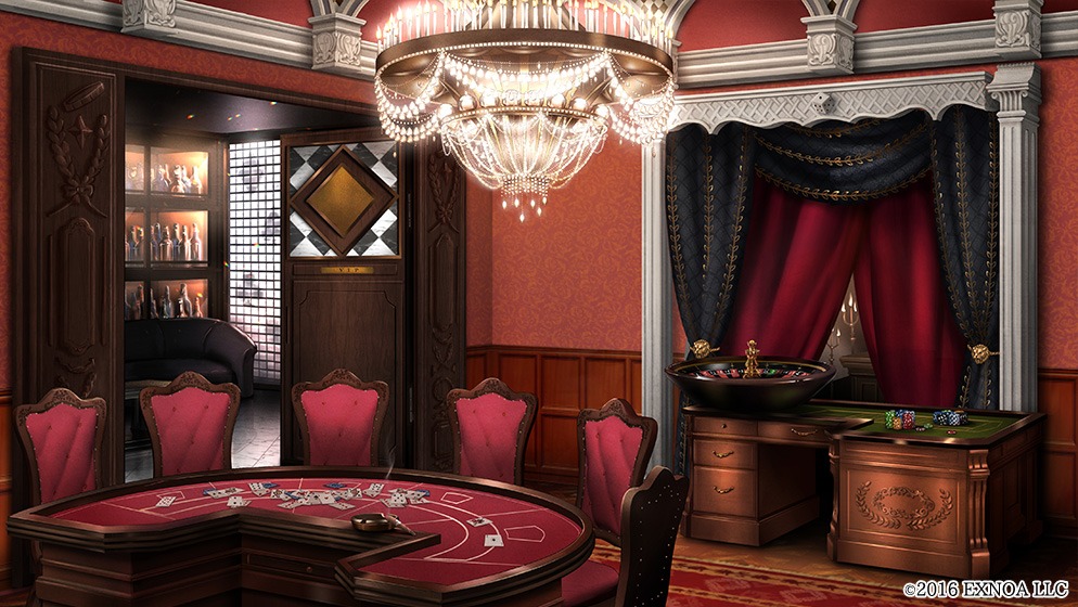 bottle bungou_to_alchemist cabinet candelabra candlestand card casino_card_table chair chandelier copyright couch curtains door indoors no_humans official_art playing_card poker_chip roulette roulette_table rug scenery table wallpaper_(object) wine_bottle