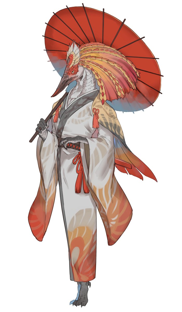 2022 3mohu aknosom anthro avian bird capcom claws clothing digitigrade feathers gruiform hi_res long_beak looking_at_viewer male monster_hunter parasol scales simple_background solo toe_claws
