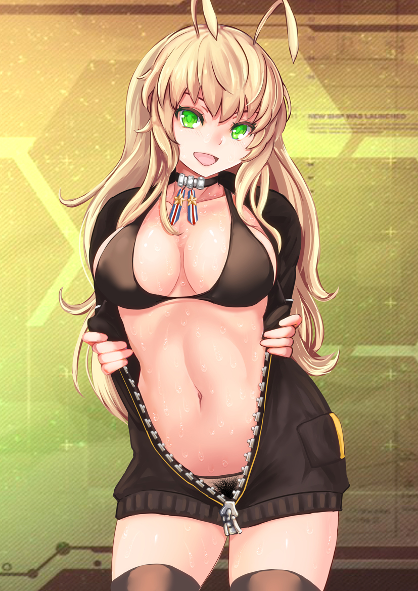 1girl antennae azur_lane bikini bikini_top_only black_bikini black_choker black_jumpsuit black_pubic_hair blonde_hair breasts brown_thighhighs choker commentary_request cowboy_shot female_pubic_hair green_eyes jumpsuit large_breasts long_hair looking_at_viewer medal mismatched_pubic_hair navel open_clothes open_jumpsuit open_mouth pubic_hair smile solo star_(symbol) stomach sweat swimsuit thighhighs unzipped wasp_(azur_lane) yamasan_(hachiman) yellow_background zipper