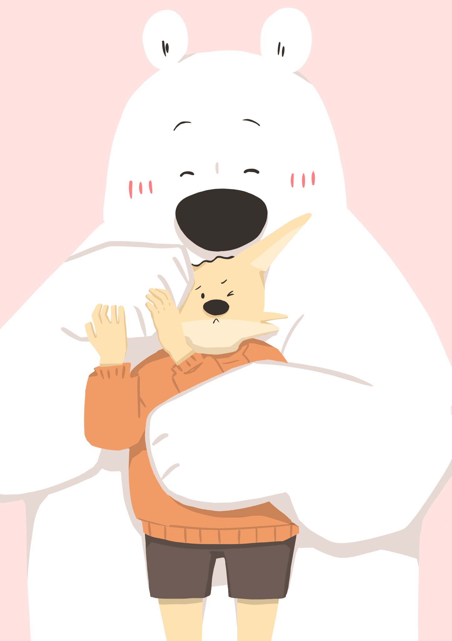 2023 anthro bear biped black_nose bottomwear brown_body canid canine clothing dot_eyes duo embrace eyes_closed hi_res hug hugging_from_behind humanoid_hands kemono mammal panda_po pink_background polar_bear shorts simple_background size_difference sweater topwear ursine white_body