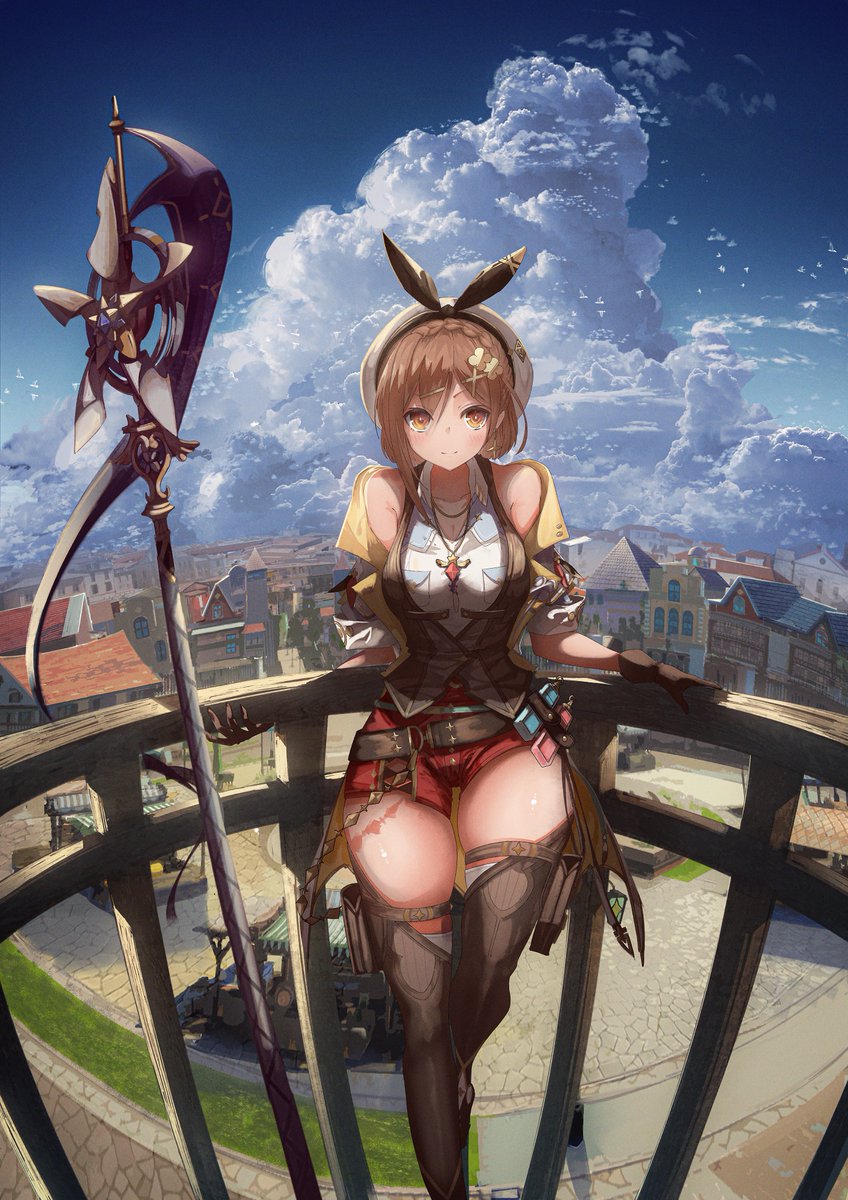 1girl against_railing atelier_(series) atelier_ryza atelier_ryza_3 belt beret bird black_hairband blue_sky boots braid breasts brown_belt brown_eyes brown_footwear brown_gloves brown_hair brown_vest chocoshi cleavage closed_mouth cloud cloudy_sky collarbone commentary_request contrapposto crown_braid detached_sleeves gloves guard_rail hair_ornament hairband hairpin hat highres jacket jewelry large_breasts looking_at_viewer necklace off-shoulder_jacket off_shoulder official_art outdoors partially_fingerless_gloves railing red_shorts reisalin_stout shirt short_hair short_shorts shorts sky sleeveless sleeveless_jacket sleeveless_shirt smile solo staff thigh_boots thighhighs thighhighs_under_boots thighs town vest white_bird white_headwear white_shirt white_sleeves white_thighhighs x_hair_ornament yellow_jacket