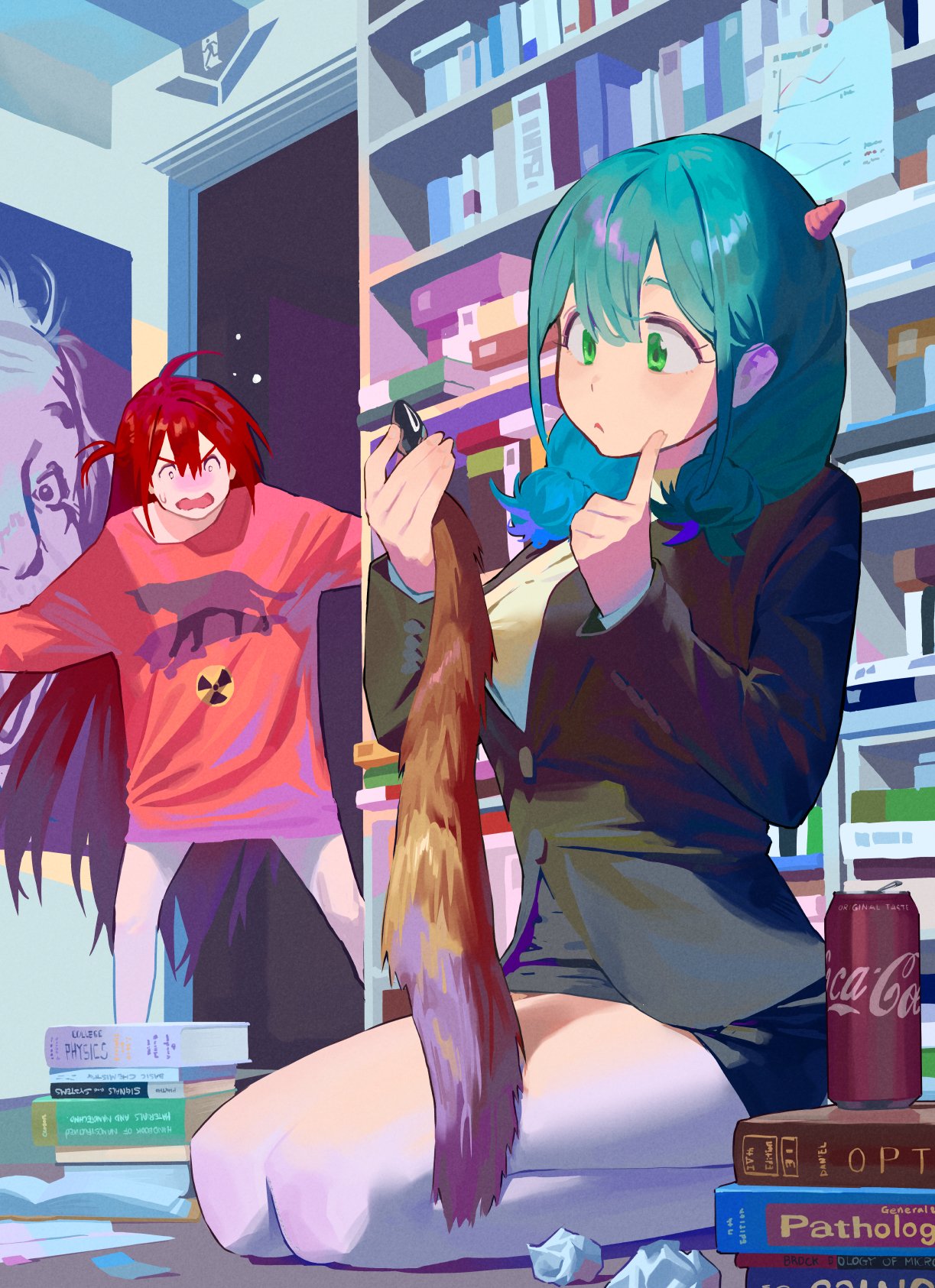 2girls ahoge aqua_hair blush book book_stack bookshelf butt_plug can double-parted_bangs embarrassed green_eyes green_hair hair_between_eyes highres hipa_(some1else45) holding horns indoors jacket legs long_hair long_sleeves multiple_girls nahia_(some1else45) office_lady open_mouth original red_hair sex_toy shirt side_ahoge sitting skirt some1else45