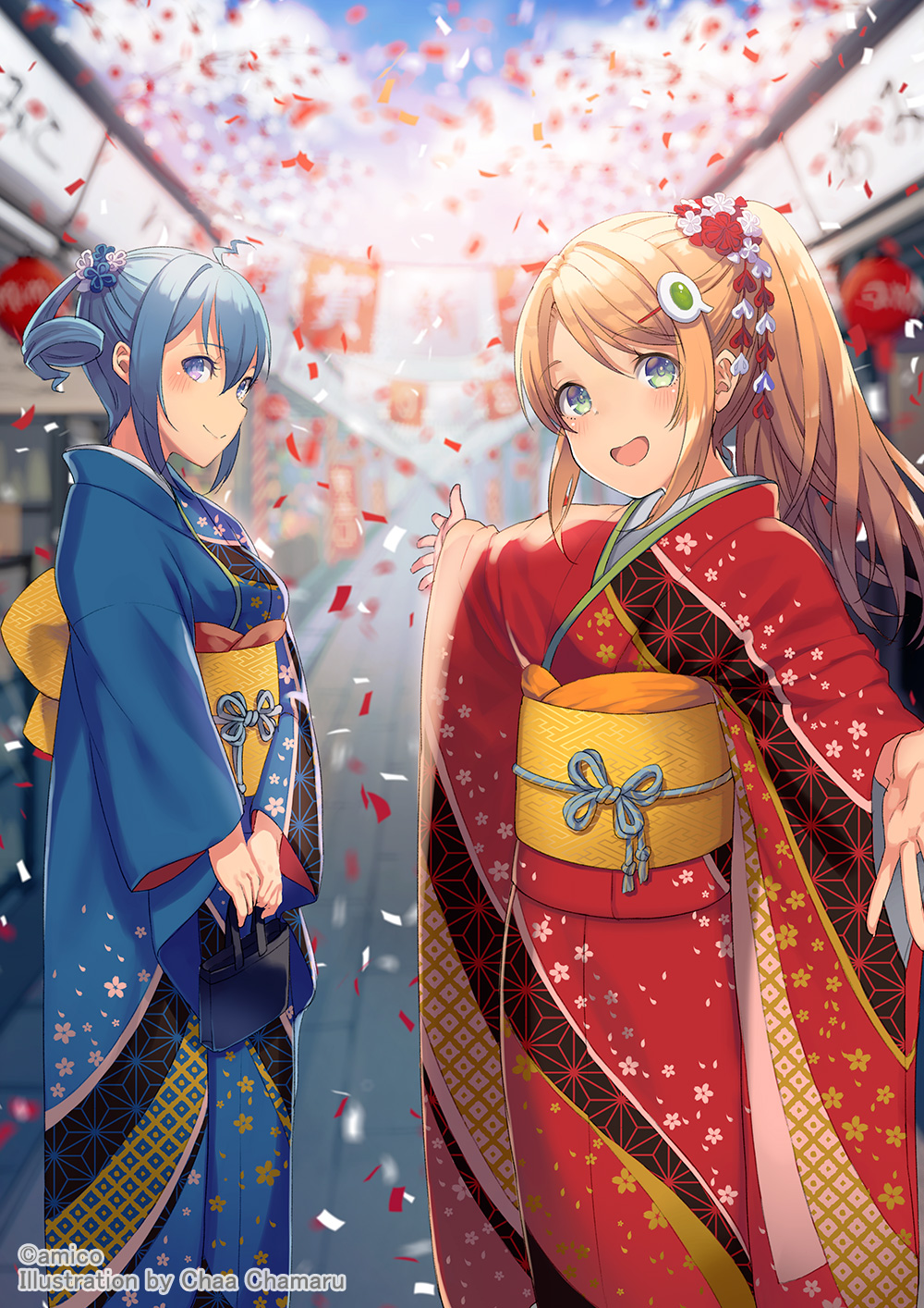 2girls amiami_(company) amico bag blue_eyes blue_hair blue_kimono blurry blurry_background breasts confetti furisode hair_between_eyes hair_ornament highres holding holding_bag japanese_clothes kimono lilco long_hair long_sleeves looking_at_viewer multiple_girls obi official_art open_mouth orange_hair outdoors ponytail red_kimono sash wide_sleeves yumekui