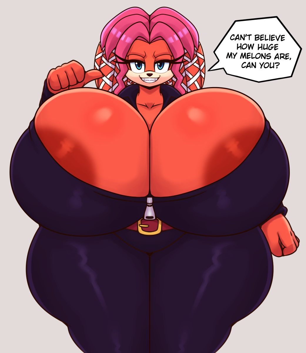 anthro archie_comics areola big_breasts blue_eyes breasts cleavage cleavage_overflow clothed clothing echidna english_text female gesture hair hi_res huge_breasts huge_hips huge_thighs hyper hyper_breasts lien-da looking_at_viewer mammal matospectoru monotreme pink_hair pointing pointing_at_self question_mark red_areola red_body sega skinsuit smile solo sonic_the_hedgehog_(archie) sonic_the_hedgehog_(comics) sonic_the_hedgehog_(series) speech_bubble text thick_thighs tight_clothing wide_hips zipper