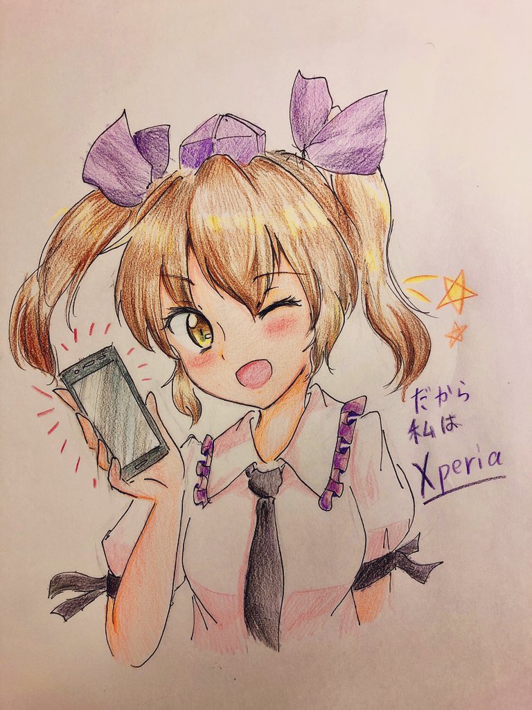 1girl cellphone english_text graphite_(medium) hat holding holding_phone looking_at_viewer medium_hair necktie one-hour_drawing_challenge one_eye_closed open_mouth orya_422 phone purple_headwear smartphone smile solo star_(symbol) tokin_hat touhou traditional_media twintails white_background