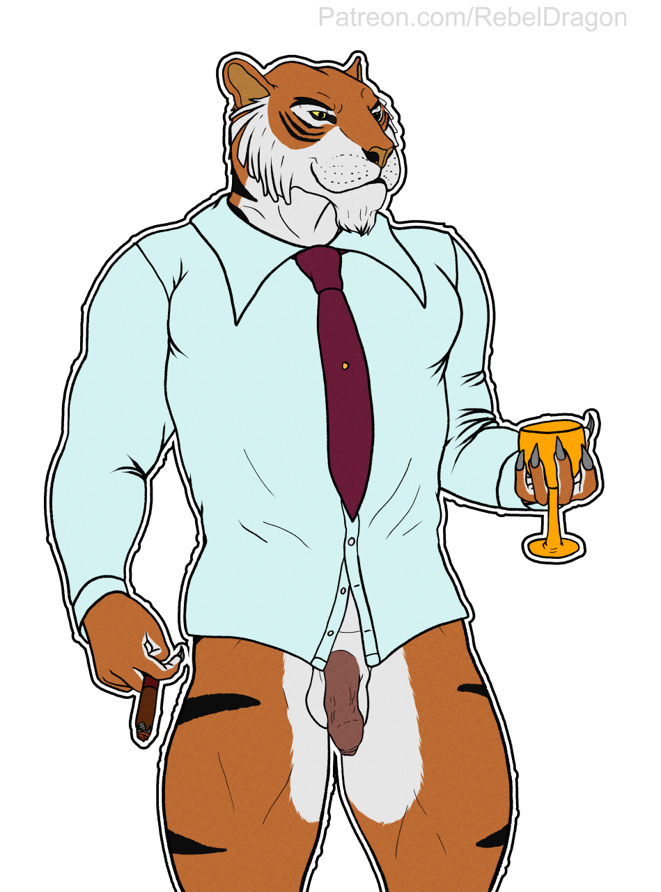 anthro balls bengal_tiger beverage bottomless bottomless_male cigar claws clothed clothing container cup disney felid feline flaccid foreskin genitals hi_res male mammal necktie pantherine partially_clothed penis rebeldragon101 shere_khan smoking smoking_cigar soft_penis solo stripes talespin thick_thighs tiger uncircumcised_penis