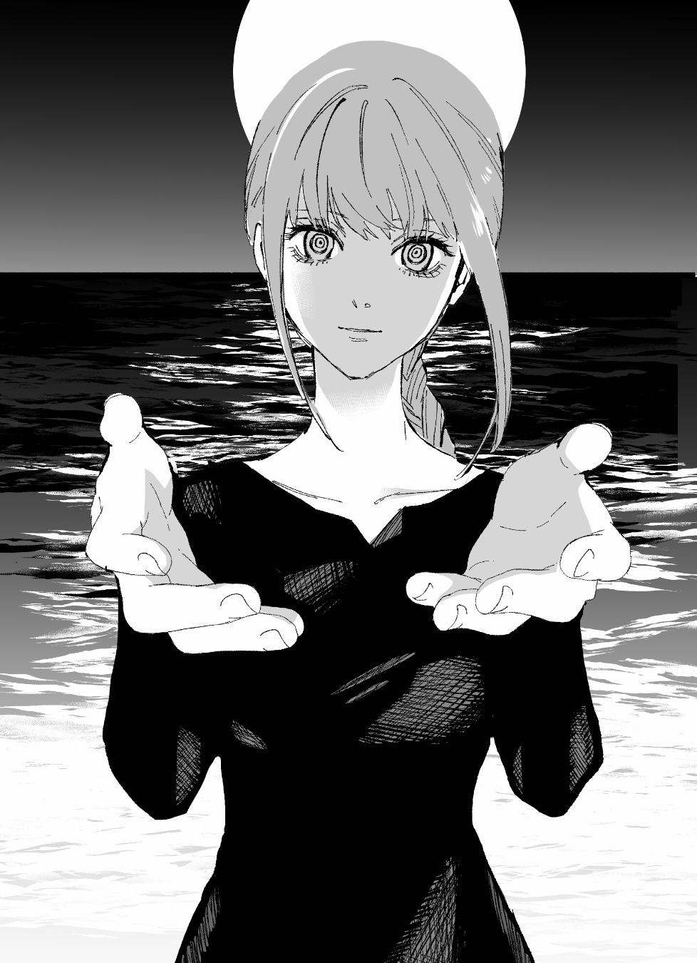1girl braid chainsaw_man collarbone expressionless from_side greyscale hands_up highres looking_at_viewer makima_(chainsaw_man) matsumotoasumu monochrome parted_lips reflection reflective_water ringed_eyes single_braid solo straight-on upper_body water