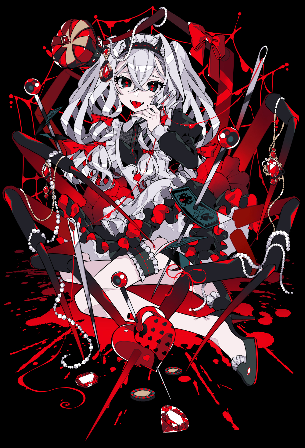 1girl apron black_background black_dress black_footwear blood bow commentary_request crown dress fangs frilled_apron frills full_body gem grey_eyes grey_hair hair_between_eyes hand_up heart highres holding horns juliet_sleeves long_hair long_sleeves looking_at_viewer maid maid_headdress mini_crown needle nou_(nounknown) original piercing puffy_sleeves pushpin red_bow red_gemstone sewing_needle shoes solo tongue tongue_out tongue_piercing twintails very_long_hair white_apron