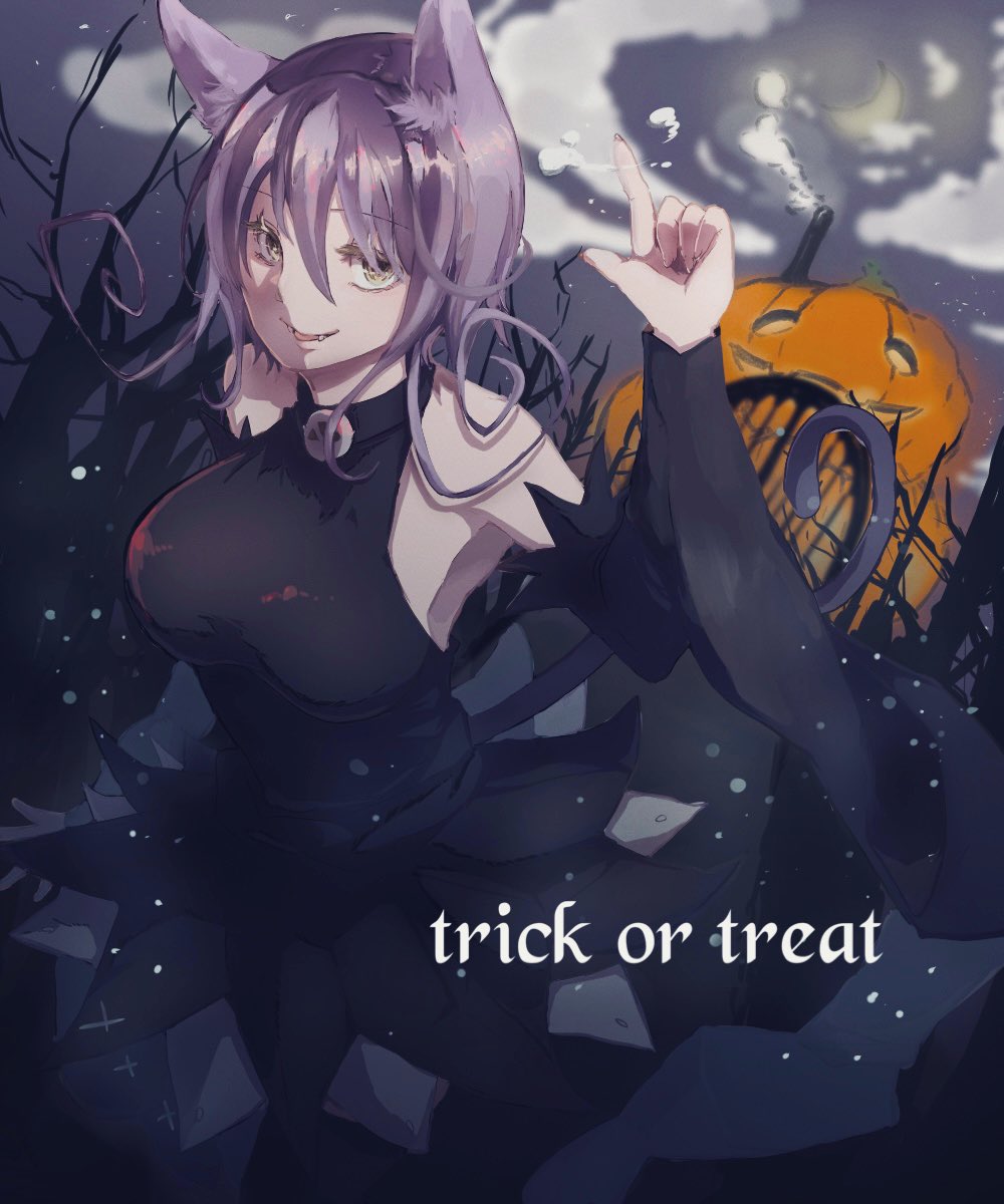 1girl :3 animal_ears bare_shoulders black_dress black_headwear blair_(soul_eater) breasts cat_ears cat_girl cat_tail cleavage closed_mouth covered_nipples curly_hair detached_sleeves dress english_text flipped_hair hair_between_eyes half-closed_eyes halloween hat highres impossible_clothes index_finger_raised large_breasts looking_at_viewer naughty_face purple_hair riko_(naekichi0) short_hair skin_tight solo soul_eater tail trick_or_treat witch witch_hat yellow_eyes