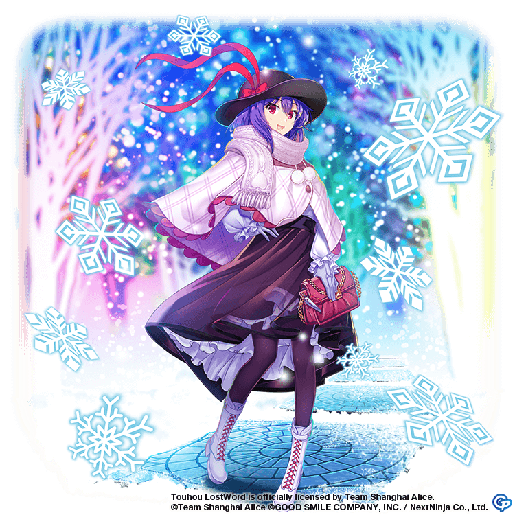 1girl :d adapted_costume bag black_headwear black_skirt boots bow capelet commentary copyright_request cross-laced_clothes english_commentary frilled_capelet frills full_body game_cg hat hat_bow high_heel_boots high_heels holding holding_bag looking_at_viewer nagae_iku nagae_iku_(heaven's_illumination) open_mouth outdoors plaid_capelet purple_hair red_bow red_eyes rotte_(1109) scarf short_hair skirt smile snowflakes snowing solo third-party_source touhou touhou_lost_word white_capelet white_footwear white_scarf