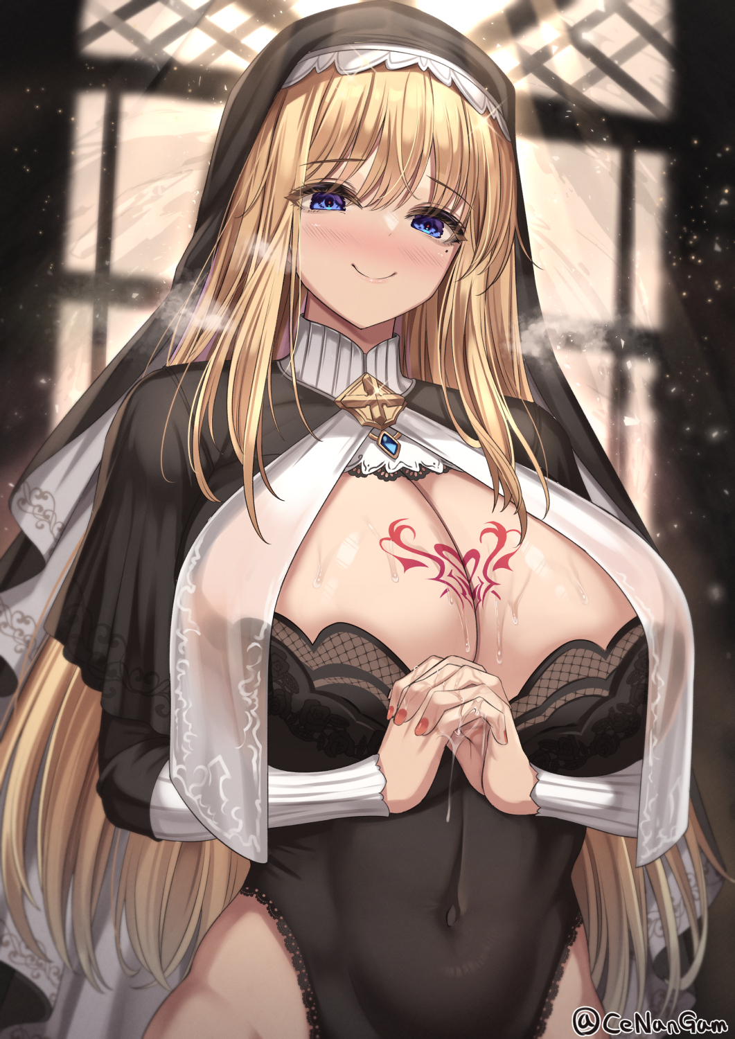 1girl black_headwear black_leotard blonde_hair blue_eyes blush breasts cenangam cleavage closed_mouth commentary covered_navel english_commentary highleg highleg_leotard highres large_breasts leotard long_hair long_sleeves mole mole_under_eye nun original own_hands_together smile suggestive_fluid sunlight twitter_username upper_body