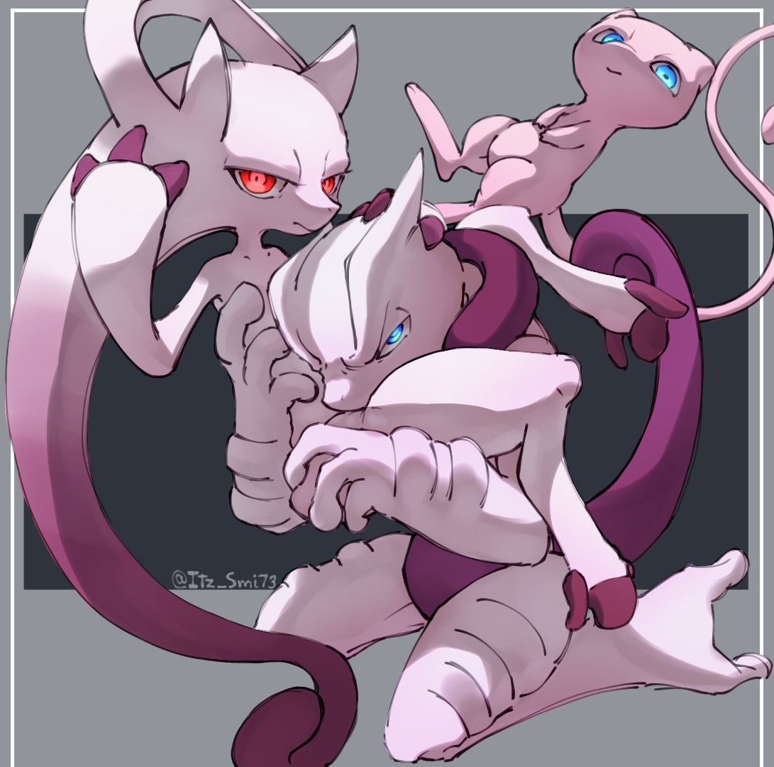 blue_eyes carrying generation_1_pokemon group itz_smi73 legendary_pokemon looking_at_viewer mega_evolution mega_mewtwo mega_mewtwo_x mega_mewtwo_y mew_(pokemon) mewtwo nintendo pink_body pokemon pokemon_(species) pose red_eyes simple_background tail trio white_body