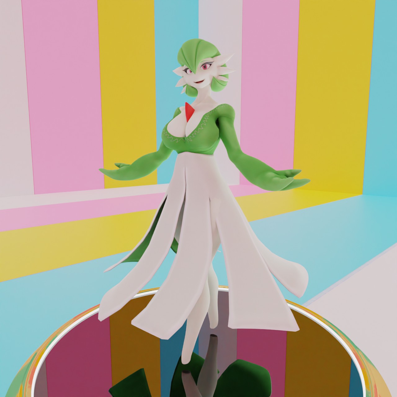 3d_(artwork) abstract_background big_breasts blender_(software) bottomwear breasts clothed clothing digital_media_(artwork) dress female fever-dreamer floating gardevoir generation_3_pokemon hi_res humanoid looking_at_viewer nintendo pokemon pokemon_(species) skirt smile smiling_at_viewer solo spinning spread_arms twirling warfare_machine