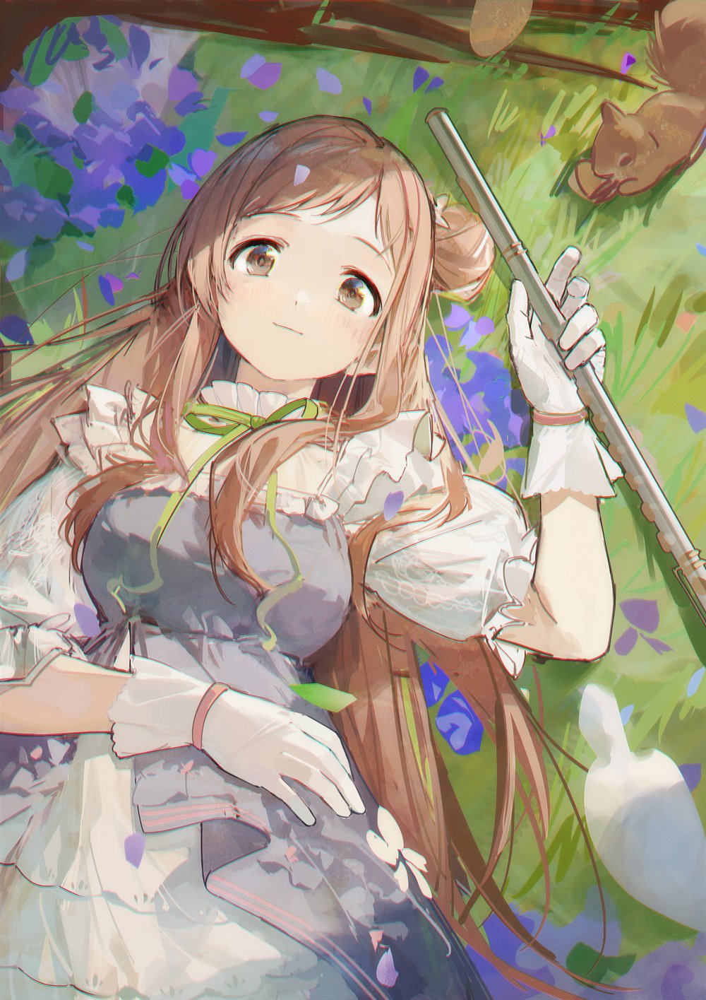 1girl acorn bird brown_eyes dot_nose dress flower flute frilled_dress frilled_sleeves frills gloves grass green_ribbon grey_dress hair_bun highres holding holding_instrument idolmaster idolmaster_shiny_colors instrument leaf light_blush light_brown_hair light_smile long_hair looking_at_viewer lying multicolored_clothes multicolored_dress on_grass pigeon puffy_sleeves ribbon roots single_side_bun solo squirrel swept_bangs tareme very_long_hair white_dress white_gloves zhili_xingzou