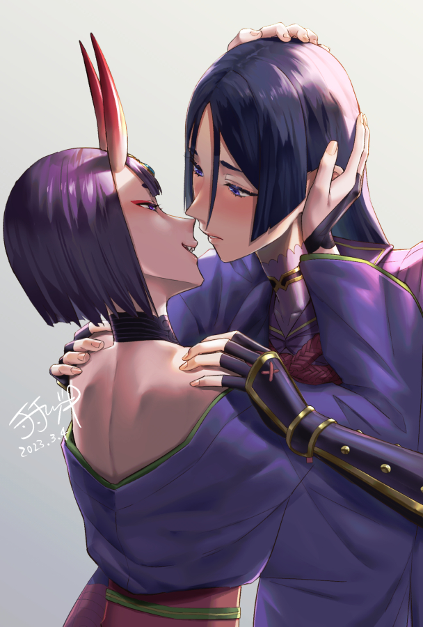 2girls arm_guards blush bob_cut commentary_request dated fate/grand_order fate_(series) fingerless_gloves gloves halterneck hands_on_another's_head horns imminent_kiss japanese_clothes kimono minamoto_no_raikou_(fate) multiple_girls off_shoulder oni_horns parted_bangs purple_eyes purple_hair purple_kimono red_eyeliner shuten_douji_(fate) signature skin-covered_horns titiduki_(manman-ya) yuri