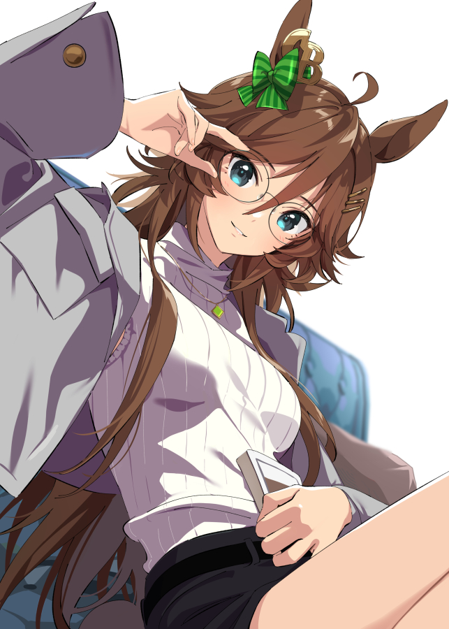 1girl ahoge alternate_costume animal_ears black_skirt blue_eyes book breasts brown_hair commentary_request couch ear_ornament grey_jacket hair_between_eyes hair_ornament hairclip holding holding_book horse_ears horse_girl jacket long_hair long_sleeves looking_at_viewer medium_breasts misu_kasumi mr._c.b._(umamusume) open_clothes open_jacket parted_lips semi-rimless_eyewear simple_background sitting skirt sleeveless sleeveless_sweater smile solo sweater umamusume upper_body white_background white_sweater