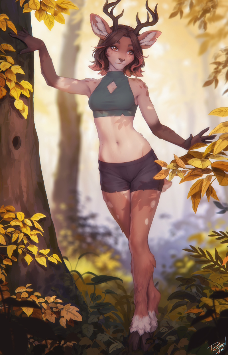 2023 5_fingers anthro antlers autumn black_bottomwear black_clothing black_shorts bottomwear breasts brown_body brown_eyes brown_fur brown_hair clothing colored day deer detailed_background digital_media_(artwork) female fingers forest full-length_portrait fur green_clothing green_crop_top green_shirt green_topwear hair hi_res hooves horn leaf mammal navel outside personalami plant portrait shirt short_hair shorts small_breasts solo standing tail topwear tree