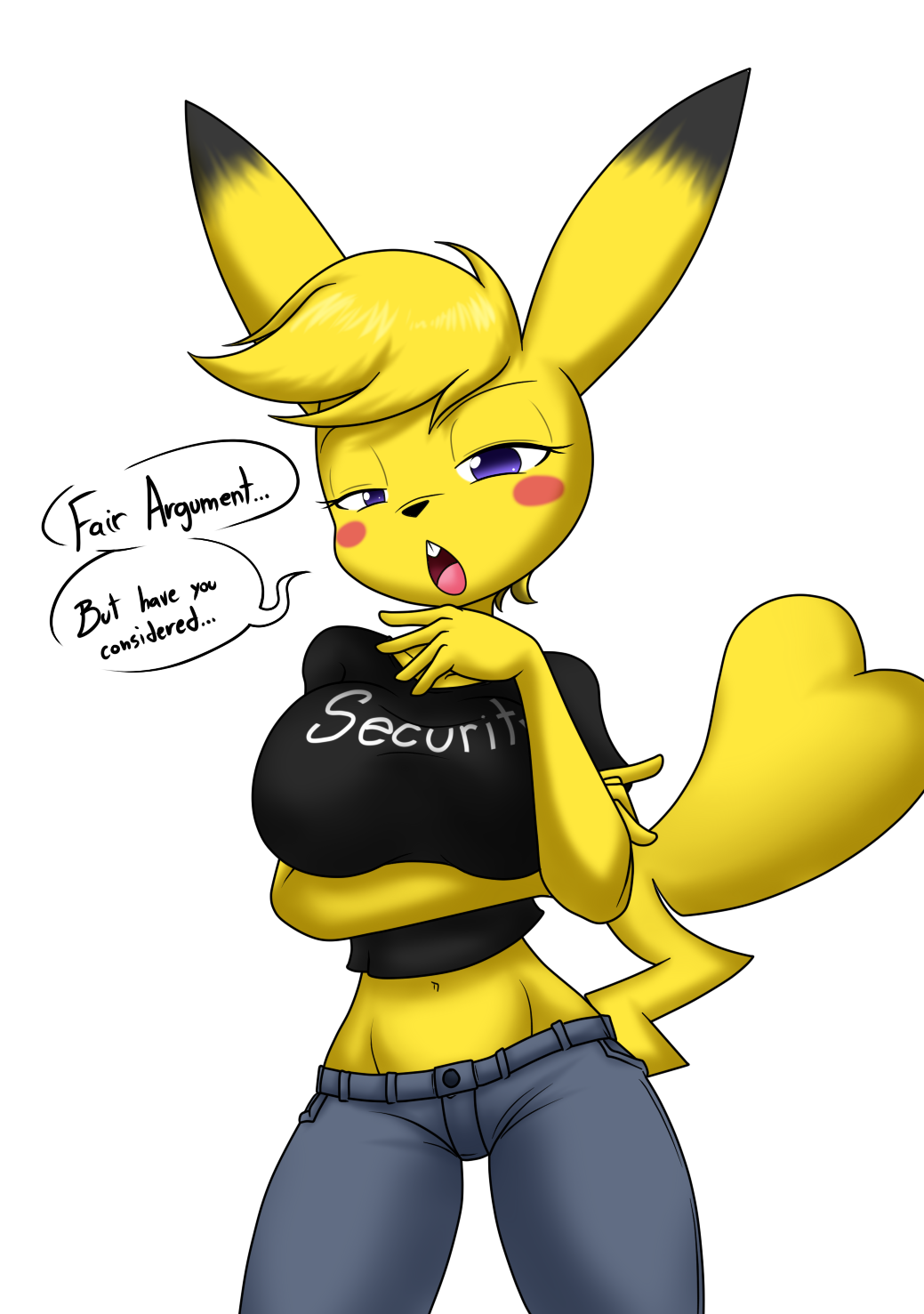 2023 anthro arm_under_breasts big_breasts black_clothing black_shirt black_topwear blonde_hair blush blush_stickers bottomwear breasts cadia_(sandwich-anomaly) clothed clothing denim denim_clothing dialogue dipstick_ears english_text fair_argument_(meme) female fur generation_1_pokemon hair half-closed_eyes hi_res jeans looking_at_viewer midriff multicolored_ears narrowed_eyes navel nintendo open_mouth pants pikachu pokemon pokemon_(species) purple_eyes sandwich-anomaly shirt simple_background solo speech_bubble standing talking_to_viewer text topwear white_background yellow_body yellow_fur