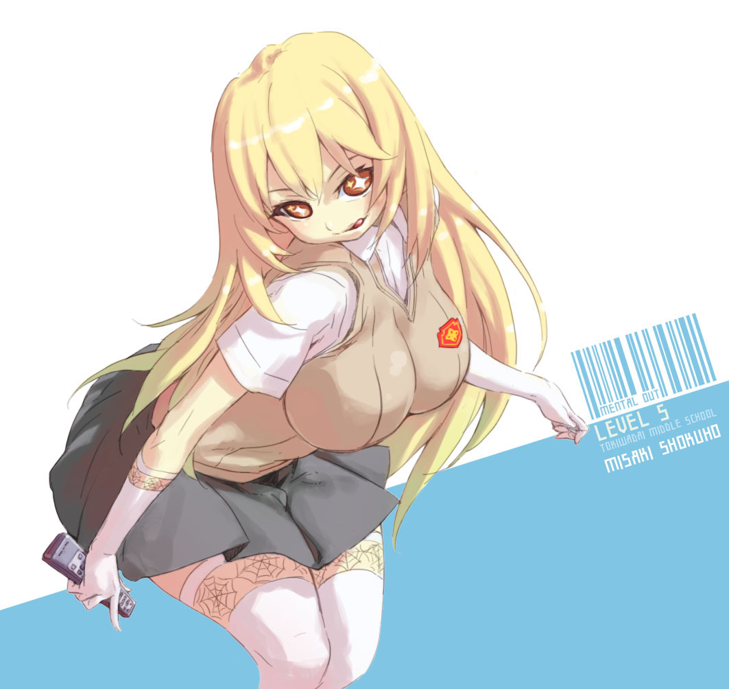 1girl barcode blonde_hair breasts bright_pupils brown_eyes brown_sweater brown_sweater_vest brown_vest character_name commentary_request controller elbow_gloves evenia feet_out_of_frame gloves grey_skirt hair_between_eyes head_tilt holding holding_remote_control impossible_clothes impossible_sweater impossible_vest large_breasts long_hair looking_at_viewer miniskirt pleated_skirt remote_control school_uniform shirt shokuhou_misaki short_sleeves skirt sleeveless sleeveless_sweater solo spider_web_print star-shaped_pupils star_(symbol) summer_uniform sweater sweater_vest symbol-shaped_pupils thighhighs toaru_kagaku_no_railgun toaru_kagaku_no_railgun_s toaru_majutsu_no_index tokiwadai_school_uniform tongue tongue_out v-shaped_eyebrows very_long_hair vest white_gloves white_pupils white_shirt white_thighhighs