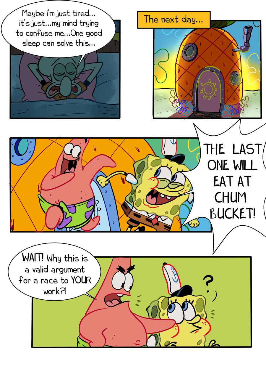 anthro asterozoan building cephalopod clothed clothing coleoid comic detailed_background dialogue duo echinoderm english_text food fruit hi_res house male marine mollusk nickelodeon octopodiform octopus on_model pancaketiffy patrick_star pineapple plant sea_sponge smile solo speech_bubble spongebob_squarepants spongebob_squarepants_(character) squidward_tentacles starfish text toony under_covers