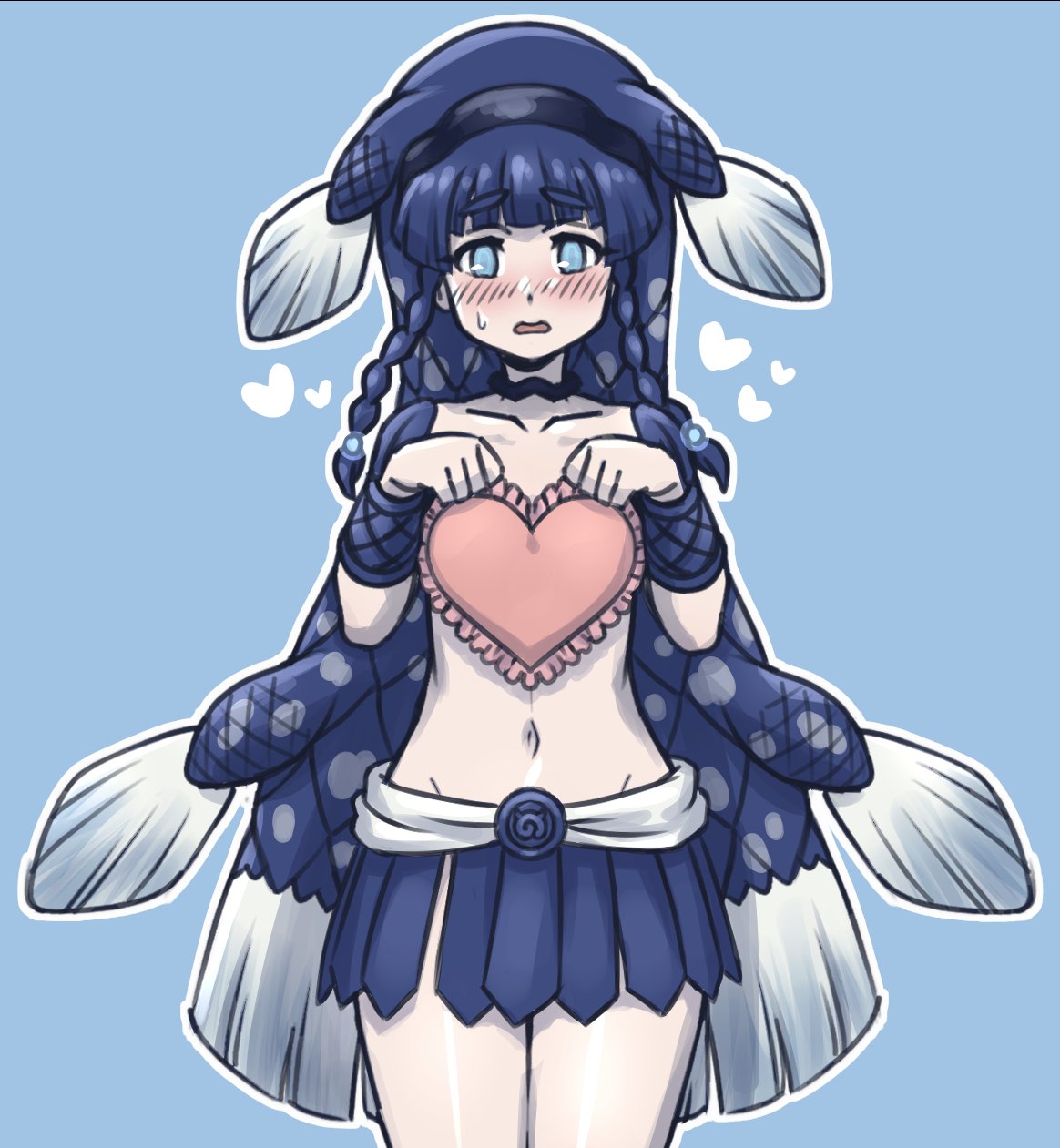 1girl acesrulez blue_eyes blue_hair blue_skirt blush braid coelacanth coelacanth_(kemono_friends) cowboy_shot embarrassed fins fish fish_girl fish_tail head_fins heart heart_pillow highres japari_symbol kemono_friends long_hair pillow pleated_skirt scales sidelocks skirt solo sweatdrop tail