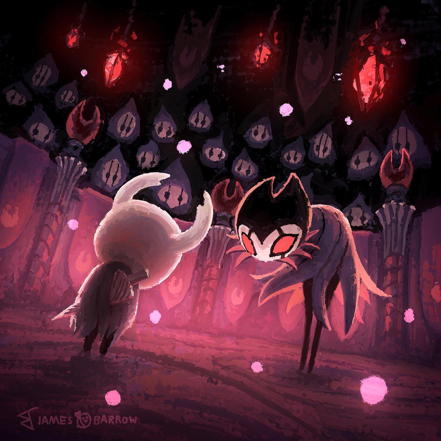 arena bowing bug cape cloak fire from_behind full_body grey_cloak grimm_(hollow_knight) highres hollow_knight horns jamesbbarrow knight_(hollow_knight) mask multiple_others nail_(hollow_knight) no_humans red_cloak red_eyes signature standing