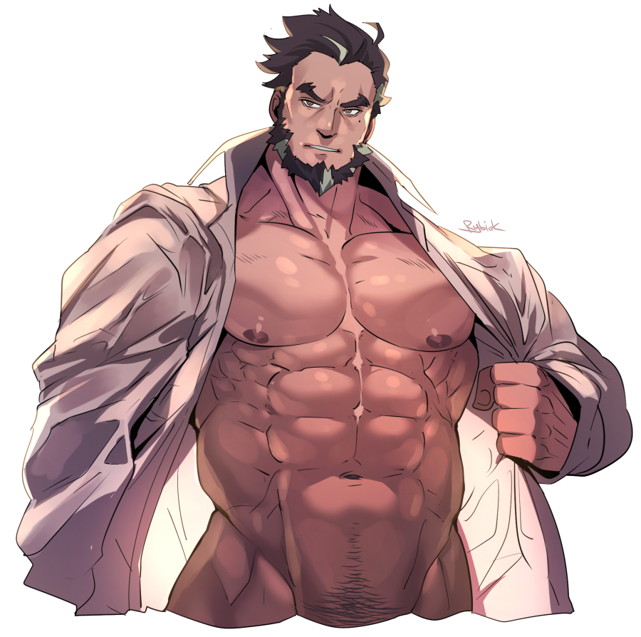 1boy abs artist_name bara bare_pectorals black_hair collared_shirt grey_hair large_pectorals looking_at_viewer male_focus multicolored_hair muscular muscular_male navel nipples open_clothes open_shirt original pectorals rybiok shirt short_hair solo two-tone_hair white_shirt