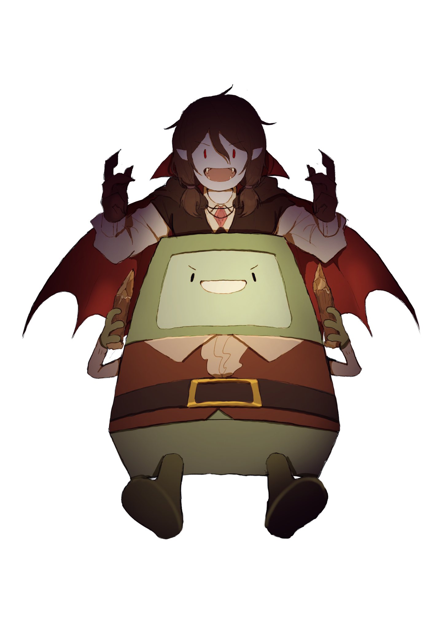 1girl 1other adventure_time belt bmo cape collared_shirt colored_skin fangs grey_skin hair_between_eyes hands_up highres long_hair long_sleeves looking_at_viewer marceline_abadeer open_mouth pointy_ears red_eyes shirt sidelocks simple_background stake vampire white_background white_shirt yum3yum1
