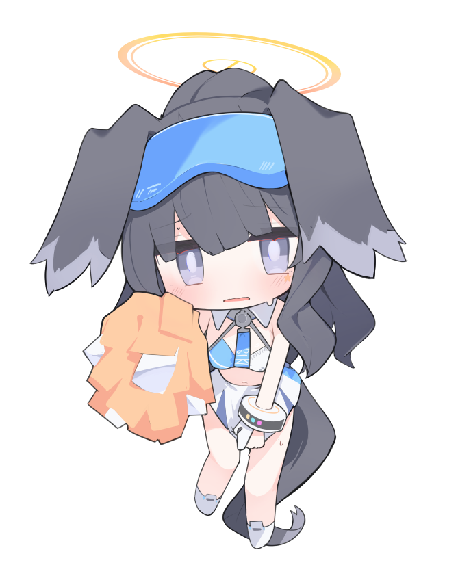 1girl animal_ears bangle bare_shoulders black_hair blue_archive blue_eyes blush bracelet breasts cheerleader chibi clothes_pull dog_ears dog_girl dog_tail eyewear_on_head full_body goggles goggles_on_head halo hibiki_(blue_archive) hibiki_(cheer_squad)_(blue_archive) holding holding_pom_poms jewelry long_hair looking_at_viewer mikozin millennium_cheerleader_outfit_(blue_archive) navel official_alternate_costume pom_pom_(cheerleading) simple_background skirt skirt_pull sleeveless solo sticker_on_face tail text_print white_background white_skirt yellow_halo