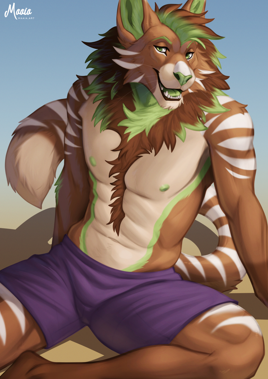 anthro bottomwear clothed clothing digital_media_(artwork) felid feline fur hi_res hybrid maaia male mammal shorts sitting striped_body striped_fur stripes