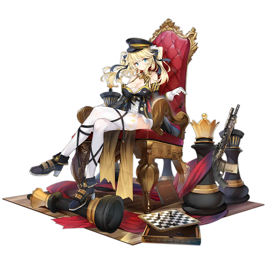 1girl black_bow black_bowtie black_dress black_footwear black_headwear black_sleeves blonde_hair blue_eyes board_game book bow bowtie breasts chair chess chess_piece chessboard cleavage closed_mouth detached_sleeves diagonal-striped_bow diagonal-striped_bowtie diagonal_stripes dress full_body girls'_frontline gloves hair_ribbon hat high_heels jianren king_(chess) large_breasts larue_tactical_obr long_hair looking_at_viewer obr_(girls'_frontline) obr_(queen_of_castile)_(girls'_frontline) official_alternate_costume official_art on_chair peaked_cap queen_(chess) ribbon simple_background sitting solo striped thighhighs third-party_source throne transparent_background twintails white_gloves white_thighhighs wooden_floor yellow_bow yellow_bowtie