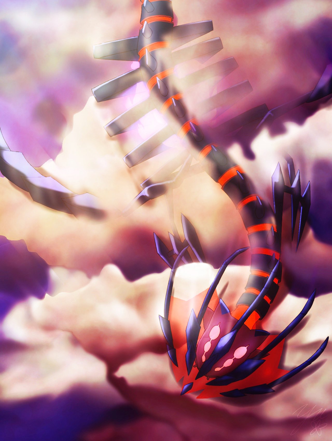 animal_focus claws cloud commentary_request eternatus eternatus_(normal) flying from_above glowing glowing_eyes highres no_humans pokemon pokemon_(creature) skeletal_body yu_(pocketsun636)