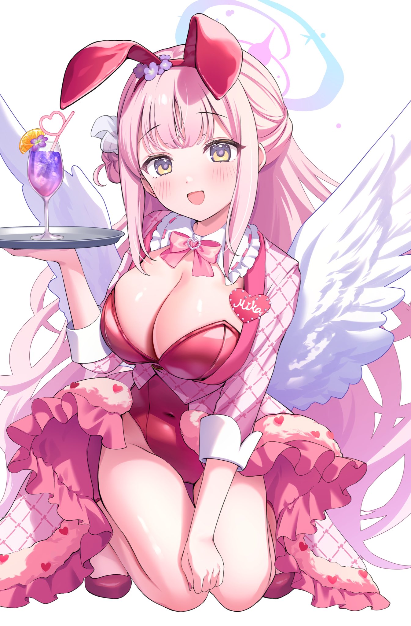 1girl :d alternate_costume animal_ears blue_archive blunt_bangs blush bow bowtie breasts cleavage commentary covered_navel crazy_straw cup double-parted_bangs drinking_glass drinking_straw fake_animal_ears feathered_wings frilled_cape hair_bun halo heart heart_straw highres holding holding_tray jacket kneeling leotard long_hair looking_at_viewer low_wings medium_breasts mika_(blue_archive) mikeneko_mari name_tag open_mouth pink_bow pink_bowtie pink_hair pink_halo pink_jacket pink_skirt plaid plaid_jacket playboy_bunny rabbit_ears red_footwear red_leotard showgirl_skirt sidelocks simple_background single_hair_bun skirt smile solo strapless strapless_leotard thigh_gap tray very_long_hair waist_cape white_background white_wings wine_glass wings yellow_eyes
