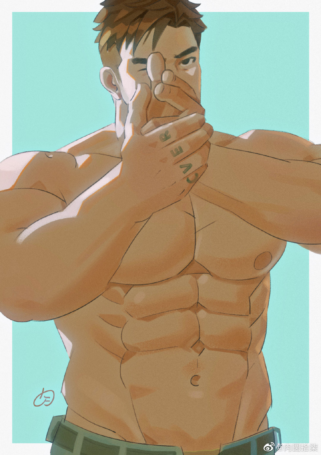 1boy abs bara body_writing brown_hair cowboy_shot denim hands_up highres jeans large_pectorals looking_at_viewer male_focus muscular muscular_male nipples one_eye_closed original pants pectorals rouyuan_shiqi_(ro_seventeen) short_hair sideburns solo stomach thick_eyebrows topless_male