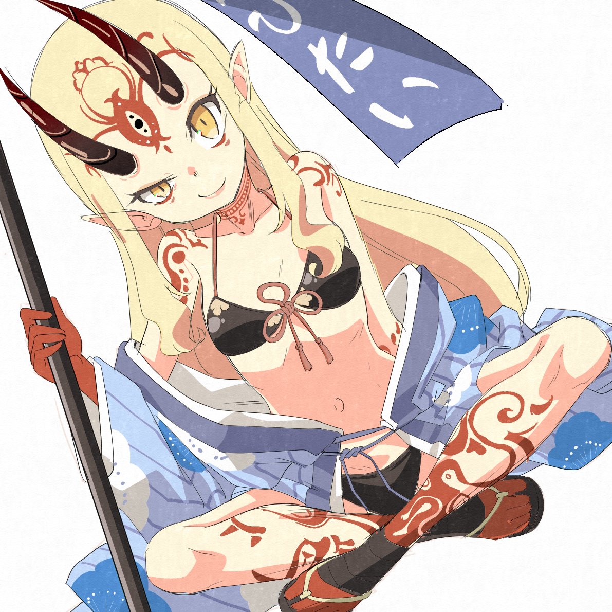 1girl banner bikini black_bikini blonde_hair blue_kimono breasts clothes_down facial_mark fate/grand_order fate_(series) forehead_mark horns ibaraki_douji_(fate) ibaraki_douji_(swimsuit_lancer)_(fate) ibaraki_douji_(swimsuit_lancer)_(first_ascension)_(fate) indian_style japanese_clothes kimono long_hair looking_at_viewer mukai oni oni_horns pointy_ears sandals simple_background sitting small_breasts smile solo swimsuit white_background yellow_eyes