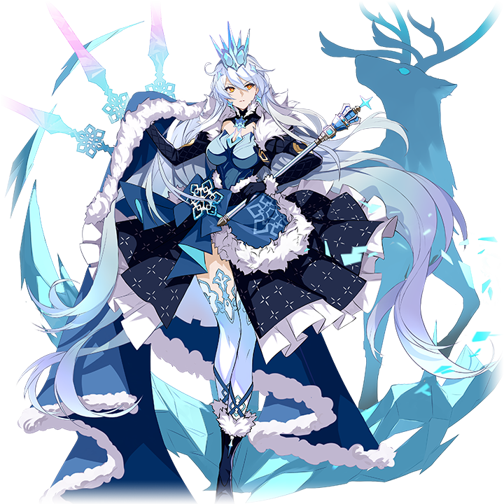 1girl blue_dress boots cape crown deer dress earrings floating floating_object floating_weapon full_body fur-trimmed_boots fur-trimmed_cape fur_trim hair_between_eyes hair_ornament holding holding_scepter honkai_(series) honkai_impact_3rd ice jewelry kiana_kaslana kiana_kaslana_(herrscher_of_the_void) long_hair official_art scepter symbol-shaped_pupils thighhighs third-party_source very_long_hair white_hair yellow_eyes