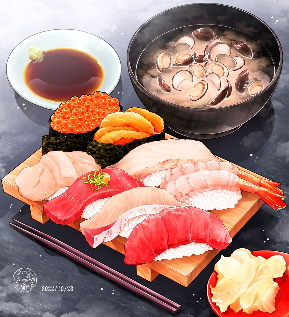 bowl chopsticks dated fish_(food) food food_focus gunkanmaki ikura_(food) mamezara nigirizushi no_humans ooranokohaku original plate rice sea_urchin shrimp still_life sushi sushi_geta watermark