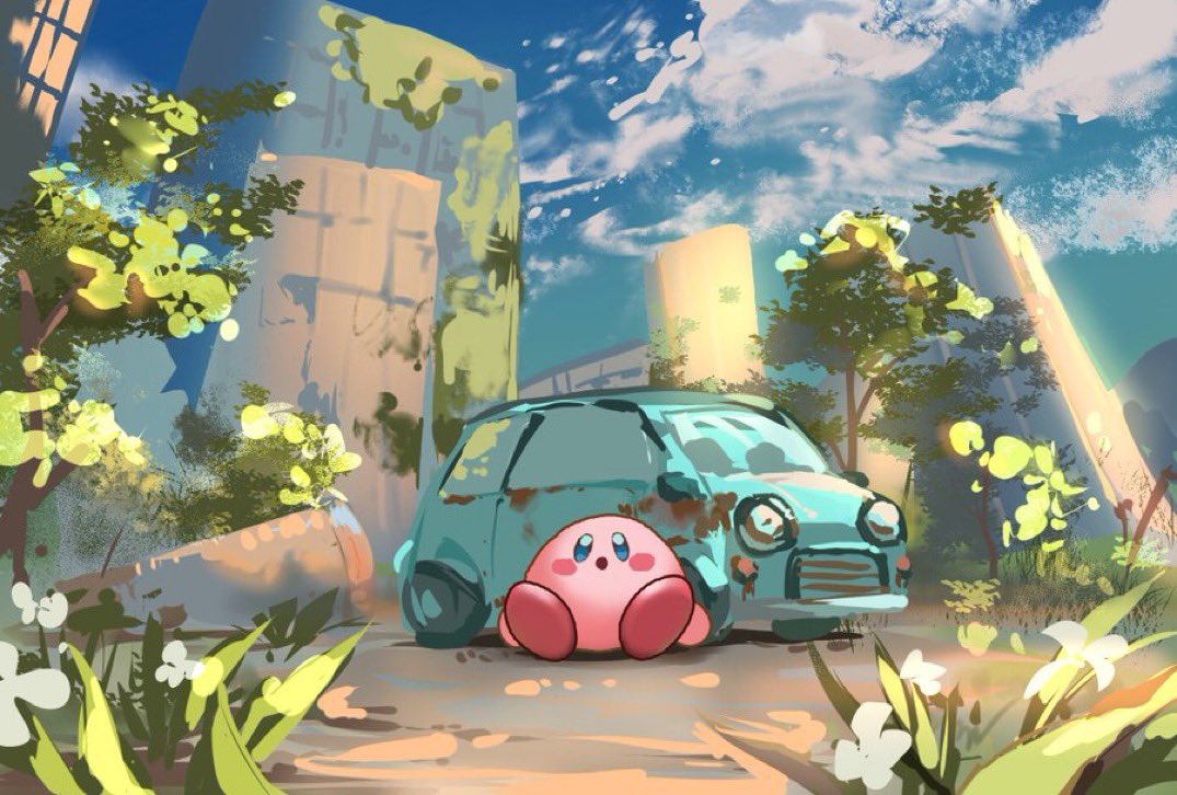 :o akiyama_youkou artist_request blue_eyes blue_sky blush_stickers car check_artist cityscape cloud colored_skin commentary day english_commentary flower kirby kirby_(series) kirby_and_the_forgotten_land looking_up moss motor_vehicle no_humans open_mouth outdoors pink_skin red_footwear ruins shoes sitting sky solo sunlight third-party_source tree white_flower