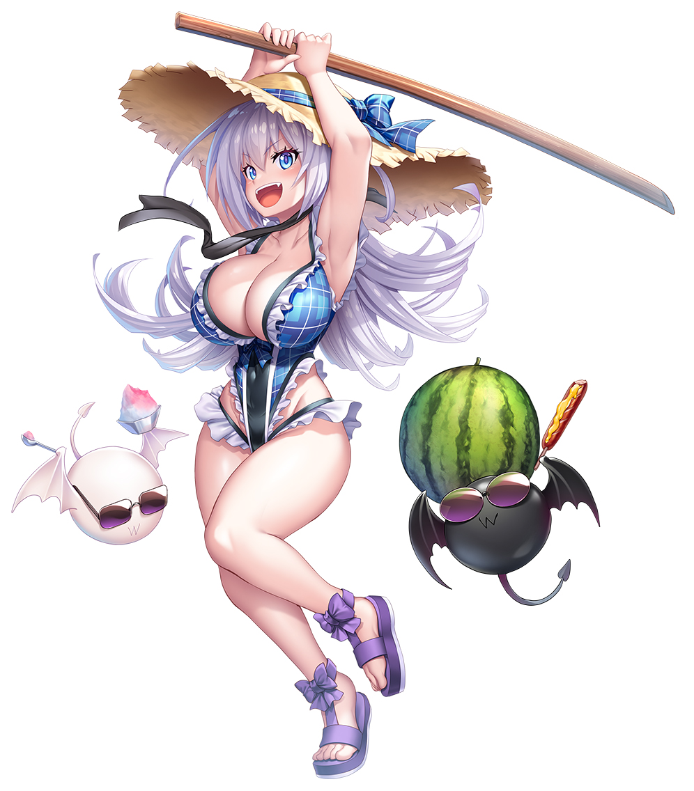 asahi bandanna big_breasts blue_bandanna blue_clothing blue_eyes blue_kerchief blue_swimwear breasts clothed clothing demon demon_humanoid digital_media_(artwork) familiar female food footwear fruit hair hat headgear headwear holding_object huge_breasts humanoid kerchief light_body light_skin melee_weapon melon merriam not_furry plant sandals simple_background solo straw_hat swimwear taimanin_(series) weapon white_background white_hair wooden_sword