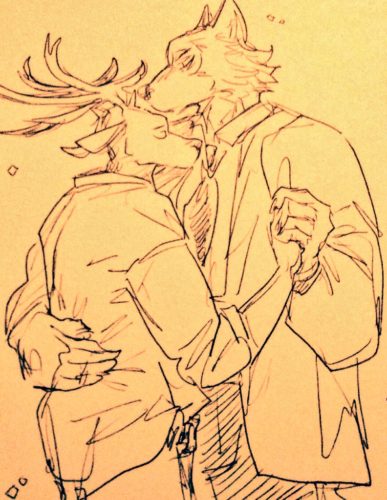 anthro antlers beastars canid canine canis clothing dancing deer duo eyes_closed hand_holding horn legoshi_(beastars) louis_(beastars) male male/male mammal slow_dancing suit wolf wuffinarts