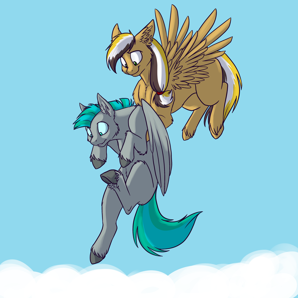 bandage bandaged_wing cloud duo equid equine feathered_wings feathers female feral fetlocks flying foxenawolf fur golden_words_(goldfur) goldfur's_cogsverse green_eyes green_hair grey_body grey_fur hair hooves male mammal multicolored_hair pegasus tail two_tone_hair whirring_cogs wings yellow_body yellow_fur