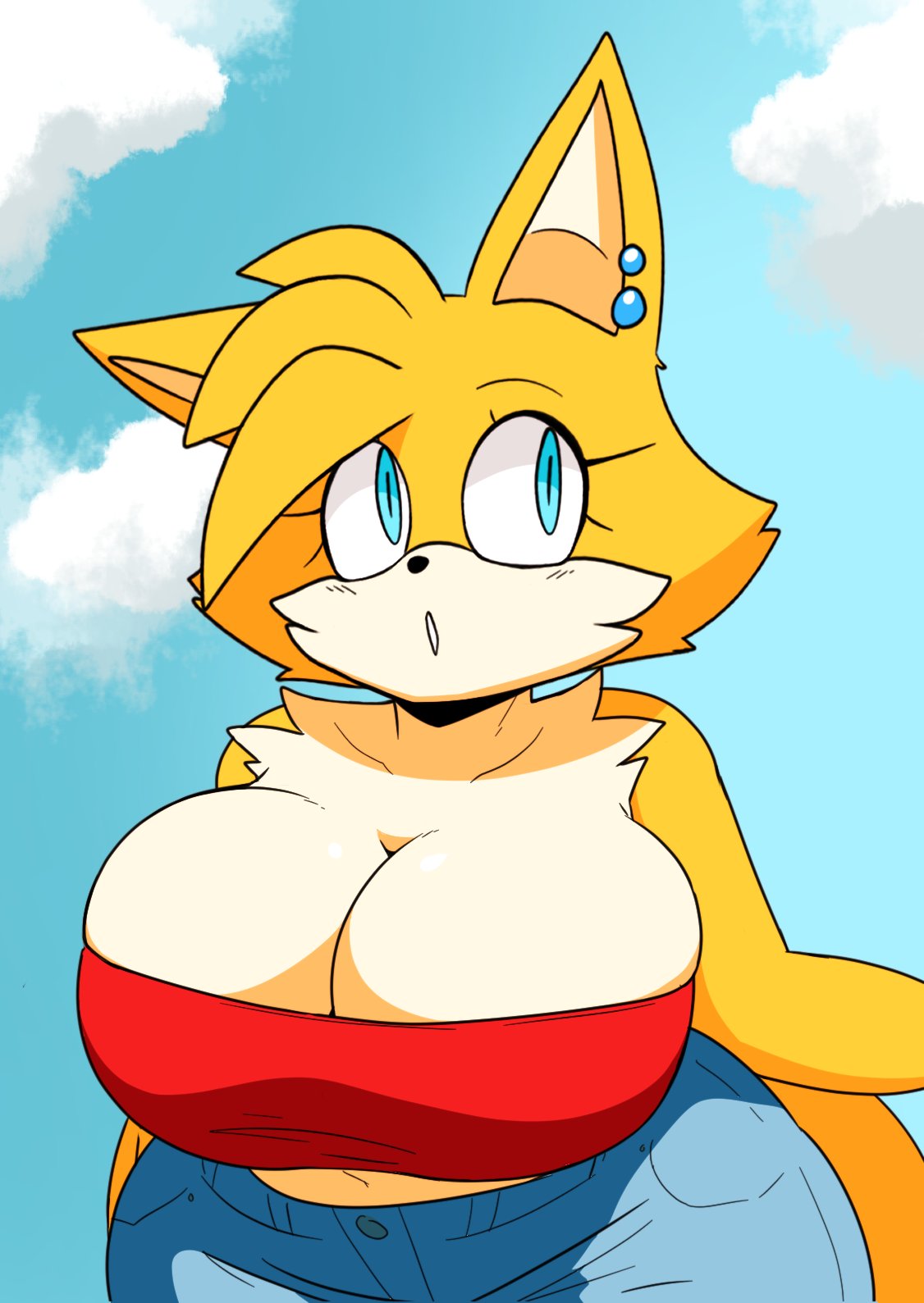 2023 anthro berkthejerk blue_eyes bottomwear breasts canid canine clothed clothing cloud crossgender ear_piercing female fox fur hi_res mammal miles_prower mtf_crossgender multicolored_body multicolored_fur outside pants piercing sega solo sonic_the_hedgehog_(series) two_tone_body two_tone_fur white_body white_fur yellow_body yellow_fur