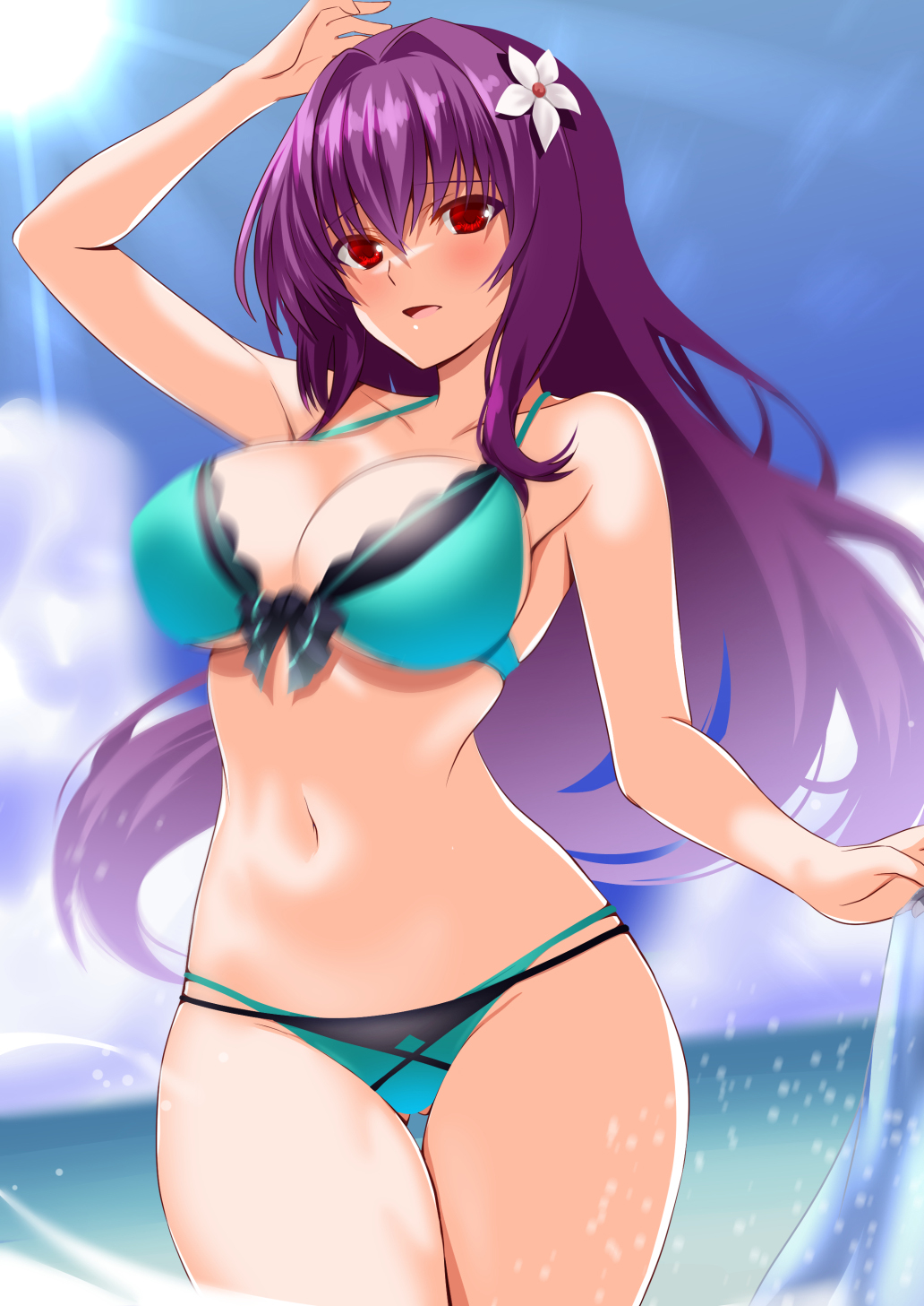 1girl aqua_bikini ass_visible_through_thighs beach bikini blue_sky blush breasts cleavage cloud commentary_request engo_(aquawatery) fate/grand_order fate_(series) flower hair_between_eyes hair_flower hair_intakes hair_ornament highres large_breasts layered_bikini long_hair looking_at_viewer navel ocean open_mouth outdoors purple_hair red_eyes scathach_(fate) scathach_skadi_(fate) scathach_skadi_(swimsuit_ruler)_(fate) scathach_skadi_(swimsuit_ruler)_(final_ascension)_(fate) sky smile solo stomach sunlight swimsuit thighs very_long_hair water white_flower