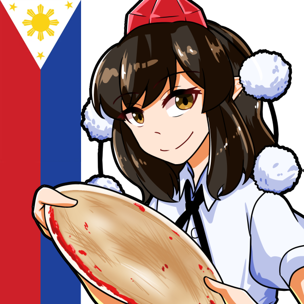 1girl black_hair black_ribbon brown_eyes commentary english_commentary flag hands_up hat holding holding_plate looking_at_viewer neck_ribbon philippine_flag plate pointy_ears pom_pom_(clothes) red_headwear ribbon shameimaru_aya short_hair short_sleeves smile solo tokin_hat touhou upper_body xen0moonz