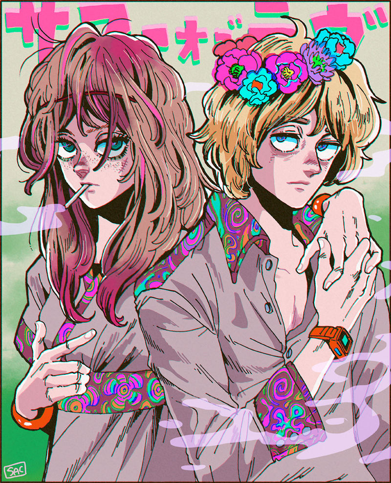 1boy 1girl ahoge arm_around_shoulder blonde_hair blue_eyes bracelet brown_hair cigarette dress_shirt freckles hairband head_wreath holding_hands jewelry kaneoya_sachiko long_hair looking_at_viewer matching_outfits mouth_hold original partially_unbuttoned print_shirt scar scar_on_face shirt short_hair smoking stitched_face stitches upper_body wavy_hair