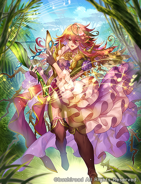 1boy :d androgynous antennae ascot boots brown_footwear brown_gloves bush cardfight!!_vanguard cloud copyright day fingerless_gloves flipped_hair flower flower_brooch flower_ornament frilled_shirt_collar frilled_sleeves frills full_body gloves green_eyes green_hair green_jacket green_pants hair_between_eyes holding holding_instrument instrument jacket light_particles long_bangs long_hair looking_at_viewer lyre male_focus multicolored_hair musical_note official_art pants purple_ascot purple_flower purple_rose red_hair red_sash rinko_(mg54) rose sash shirt shoulder_spikes smile solo spikes staff_(music) standing standing_on_one_leg streaked_hair thigh_boots thorns tree waist_cape white_shirt wide_sleeves yellow_flower yellow_rose