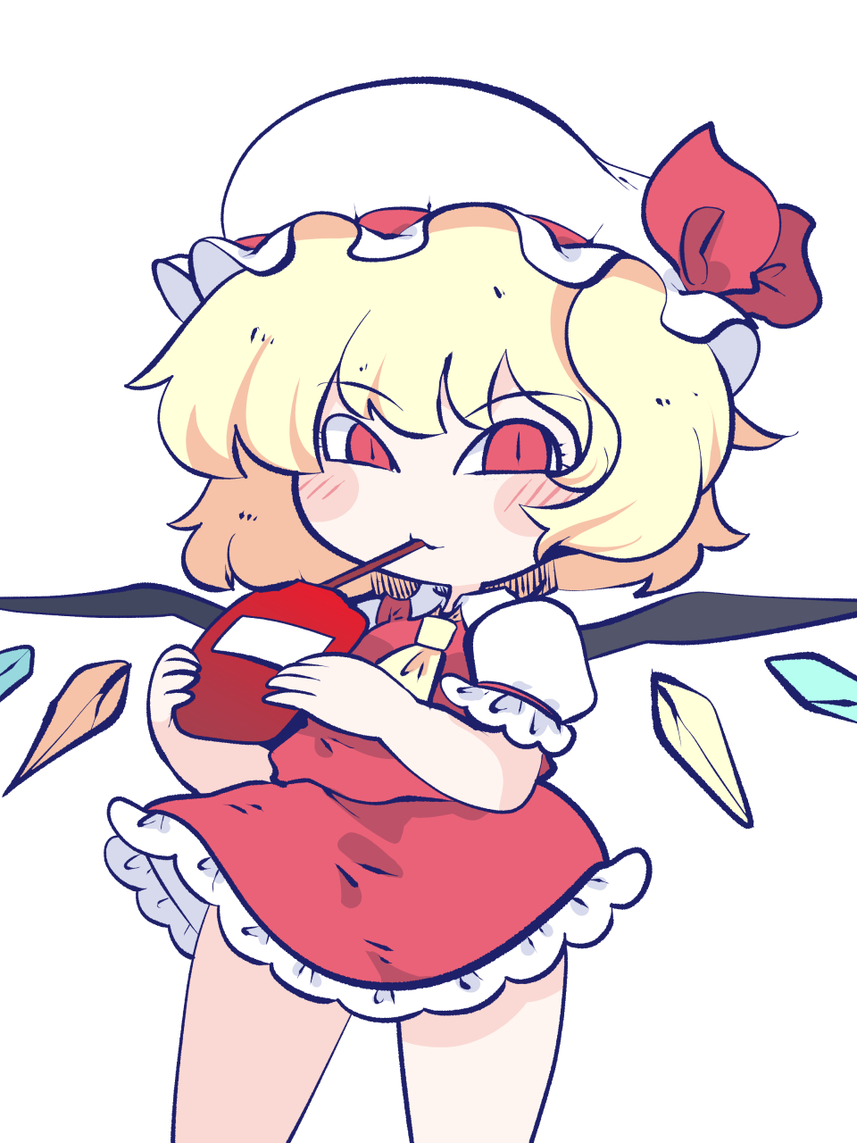 1girl ascot bare_legs blonde_hair blood blood_bag chahan_(fried_rice0614) chibi commentary_request cowboy_shot crystal drinking_blood flandre_scarlet hat highres legs_apart looking_at_viewer medium_hair mob_cap one-hour_drawing_challenge puffy_short_sleeves puffy_sleeves red_eyes red_skirt red_vest short_sleeves simple_background skirt skirt_set slit_pupils solo touhou vampire vest white_background wing_collar wings yellow_ascot