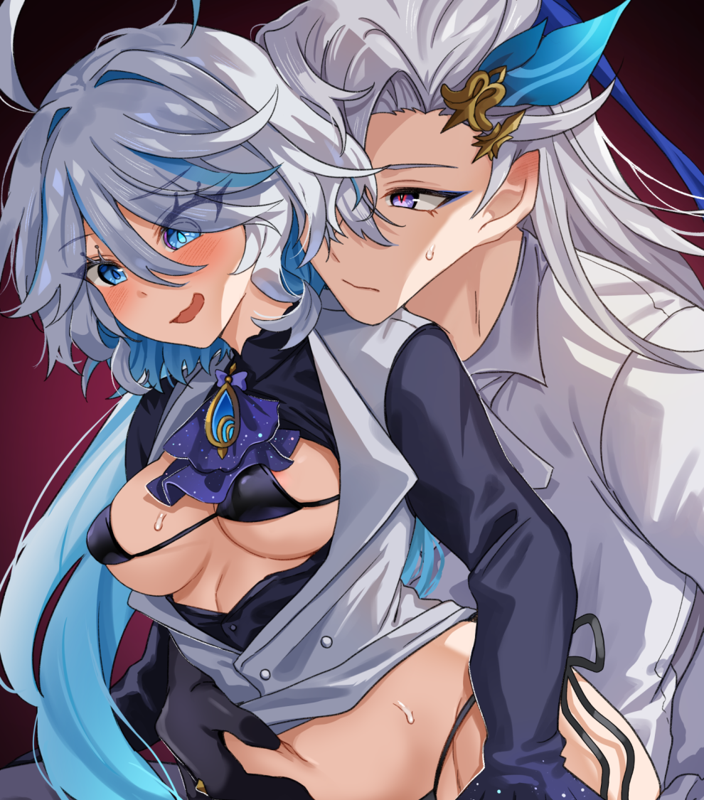 1boy 1girl ahoge black_gloves blue_eyes blue_hair blush bra breasts furina_(genshin_impact) genshin_impact gloves grabbing_own_thigh hair_between_eyes hetero heterochromia light_blue_hair long_hair mismatched_pupils multicolored_hair navel neuvillette_(genshin_impact) open_mouth out-of-frame_censoring purple_eyes streaked_hair sweatdrop takanaru two-tone_hair underwear white_gloves white_hair